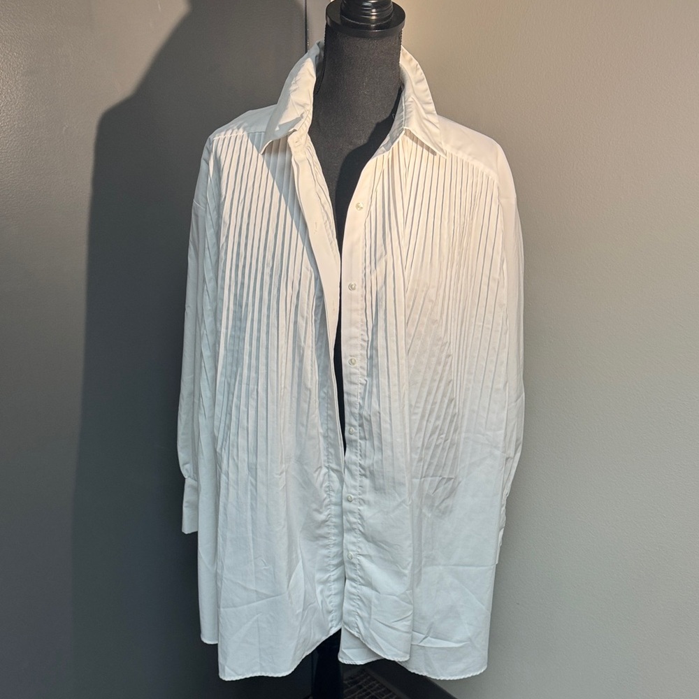 Zara Women's White Pleated Button Down Shirt